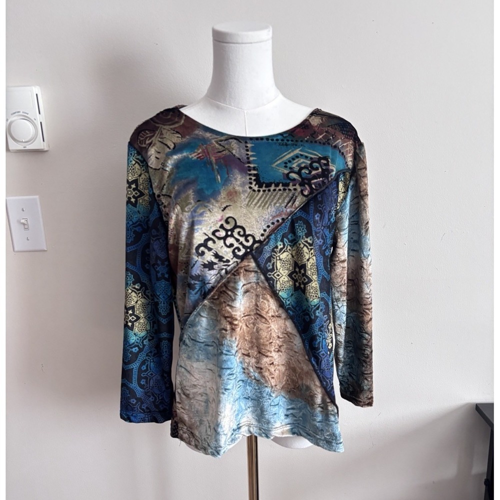 Vintage Y2K Velvet Patchwork Whimsigoth Top XL Witchy Hippie Blue Black Stretch